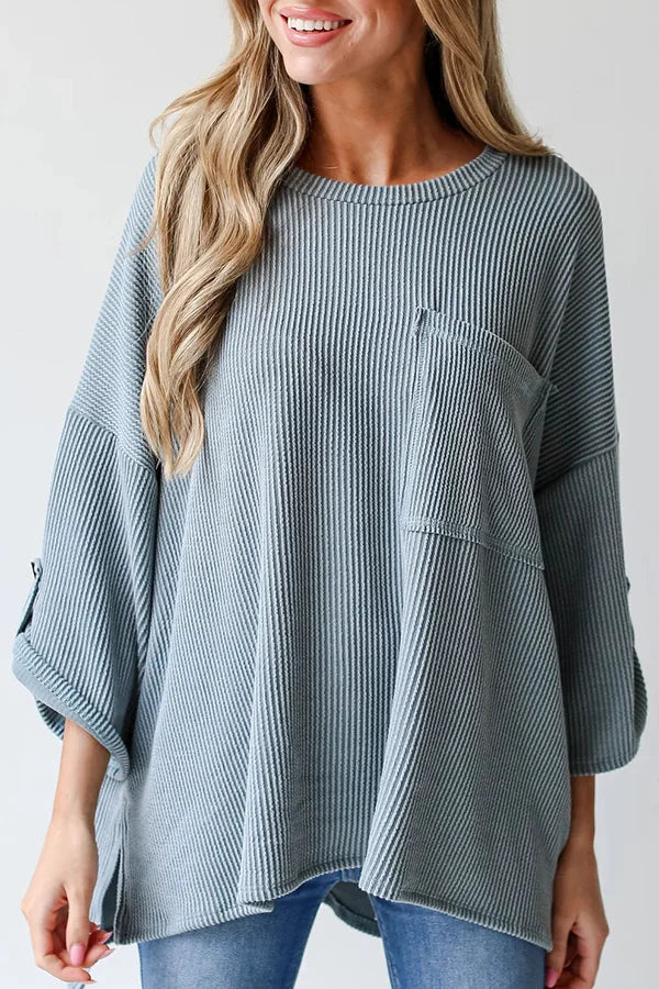 LG Pocket Crew Neck Button Down Long Sleeve Top