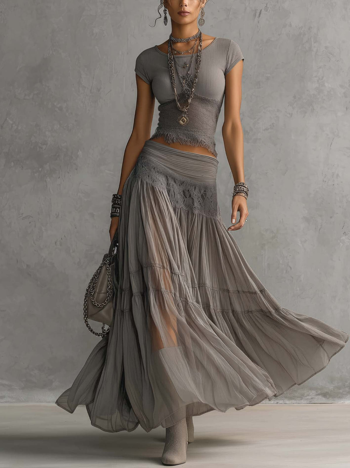 Grey Lace-Paneled Top and Pleated Maxi Skirt Set