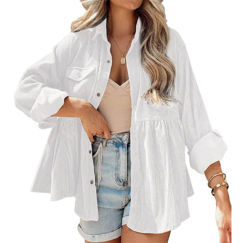 women's long sleeve corduroy ruffled shirt top button down shirt
