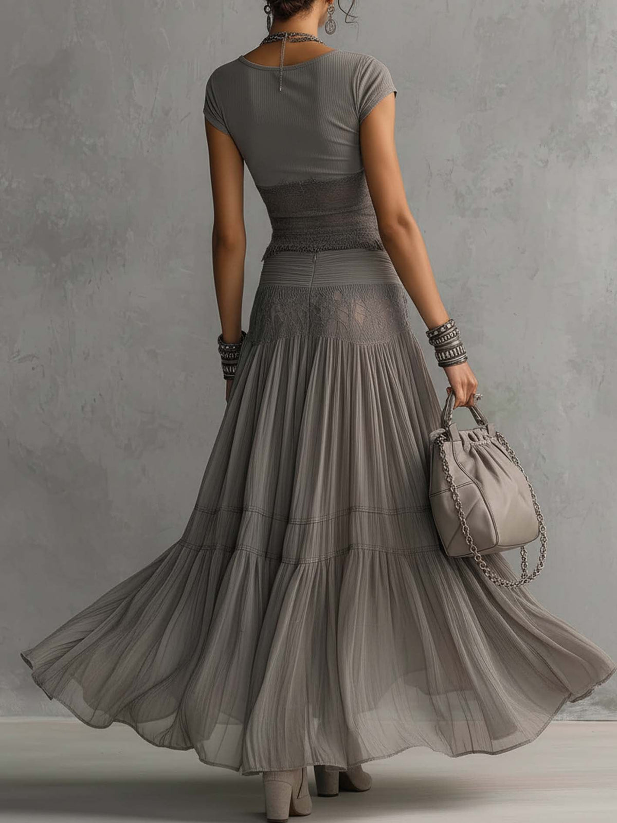 Grey Lace-Paneled Top and Pleated Maxi Skirt Set