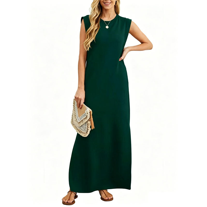 Casual Sleeveless Crew-Neck Maxi Dress