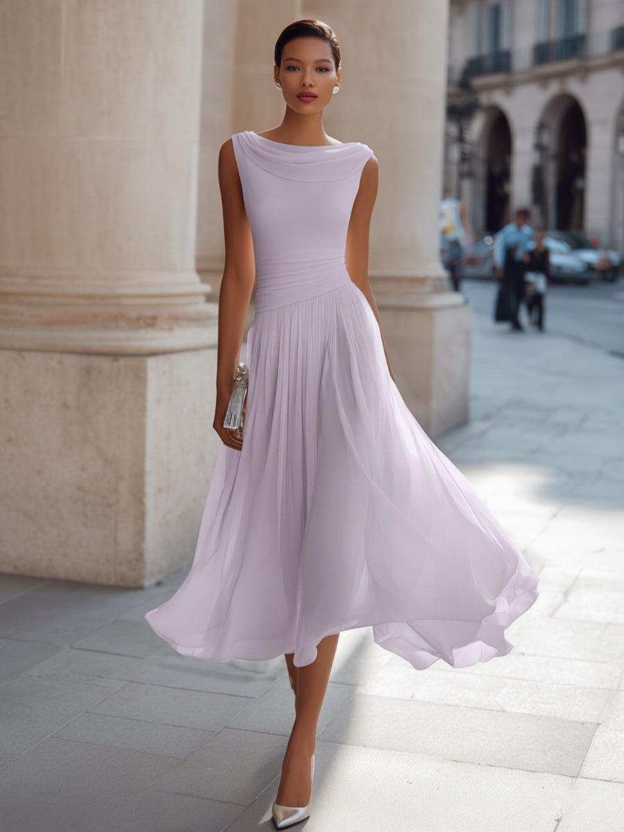 Sleeveless Pleated Midi Dress with Draped Neckline