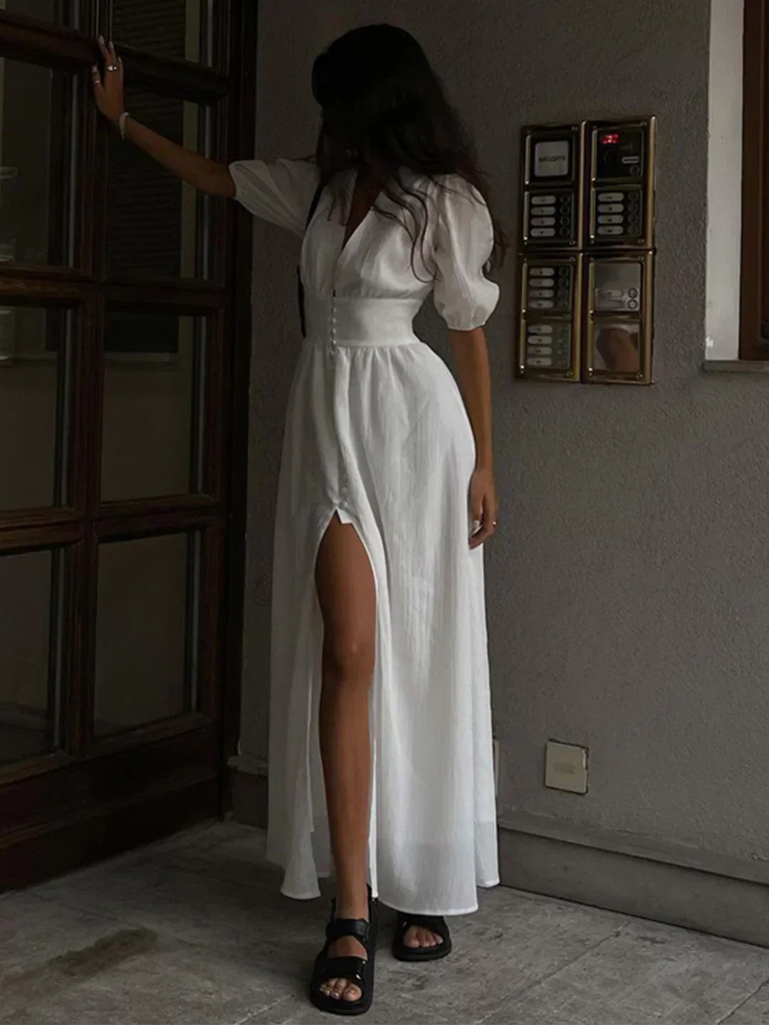 Anais | Puff-Sleeve Buttoned Maxi Dress with Slit