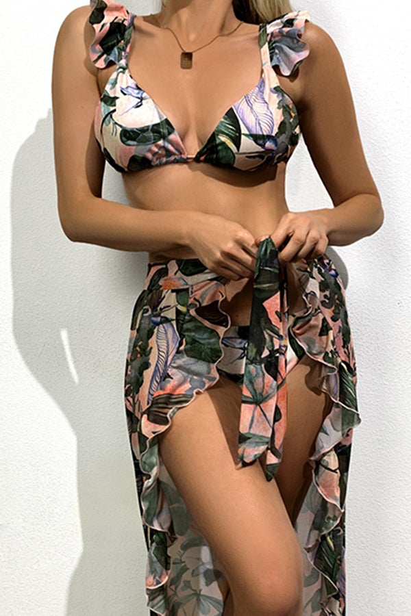 Three-piece Bikini With Leaf Print Mesh Lace