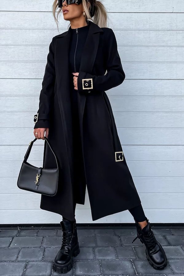 Style Expedition Woolen Belted Metal Button Lapel Midi Trench Coat