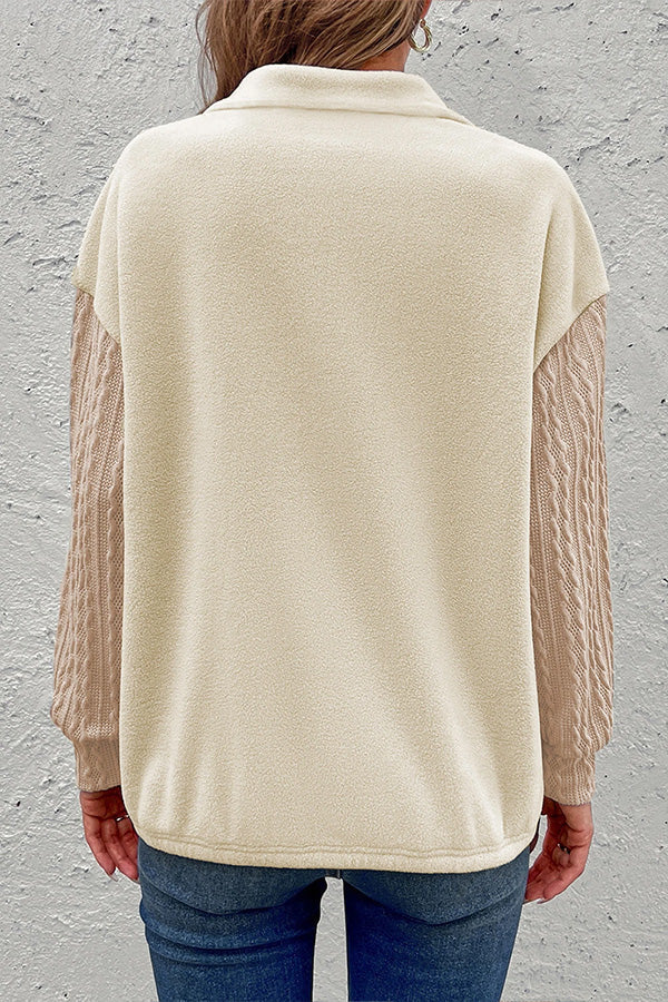 INSHA | Beige Half Zip Textured Patchwork Sleeve Drop Shoulder Sweatshirt