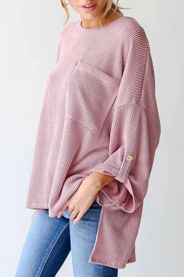 LG Pocket Crew Neck Button Down Long Sleeve Top