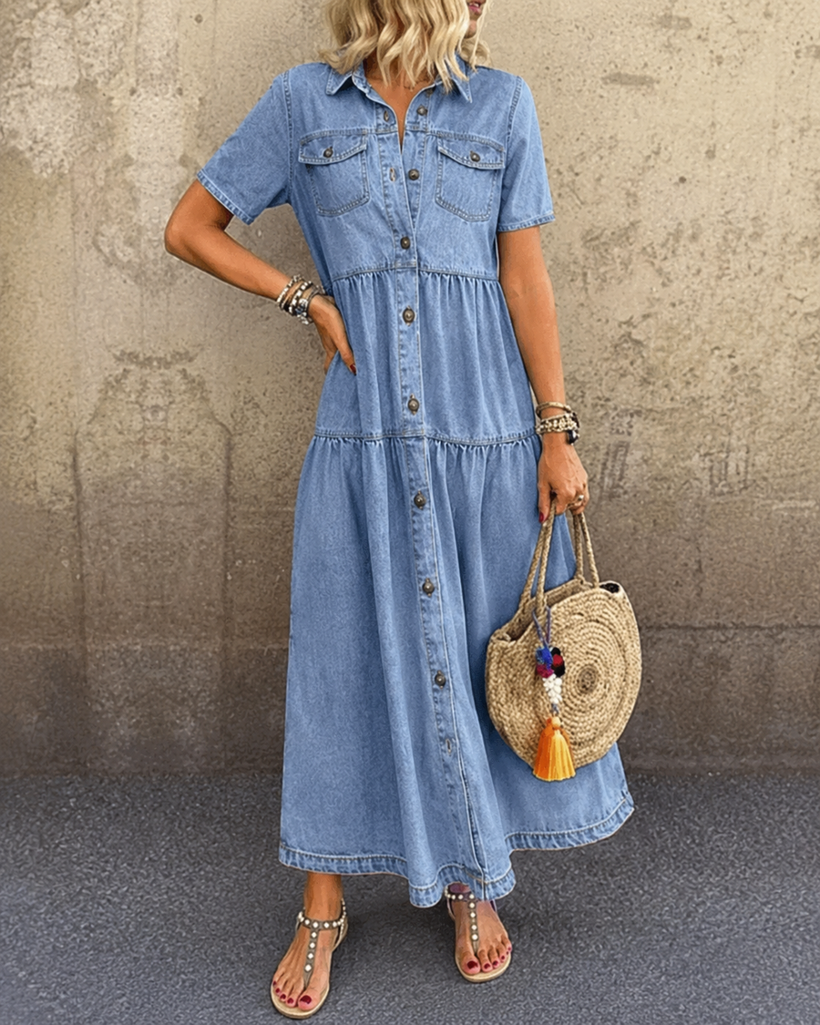 Emma | Belly-covering Denim Midi Dress with Buttons