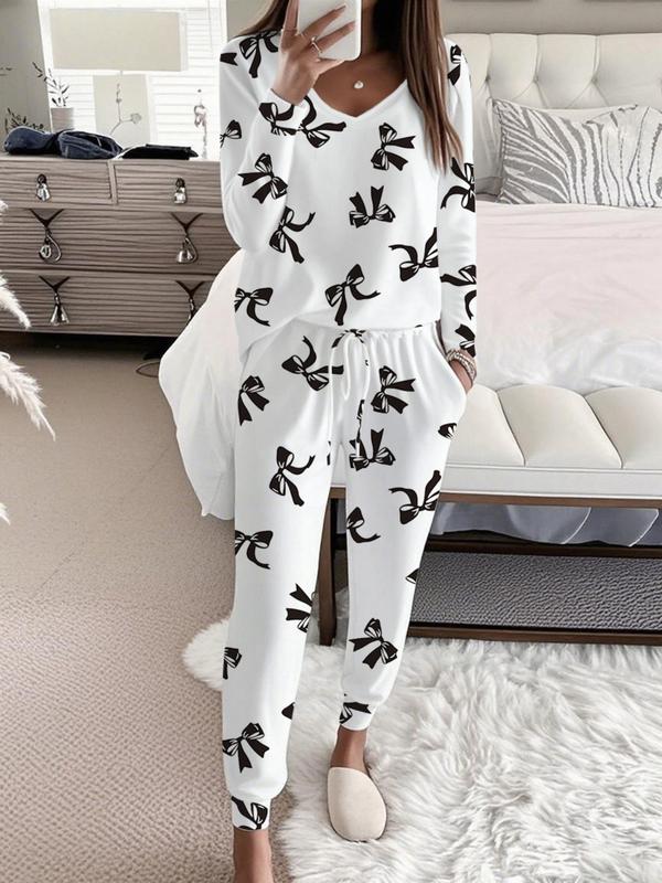 HALLIET - Bow Print V-Neck Long Sleeve