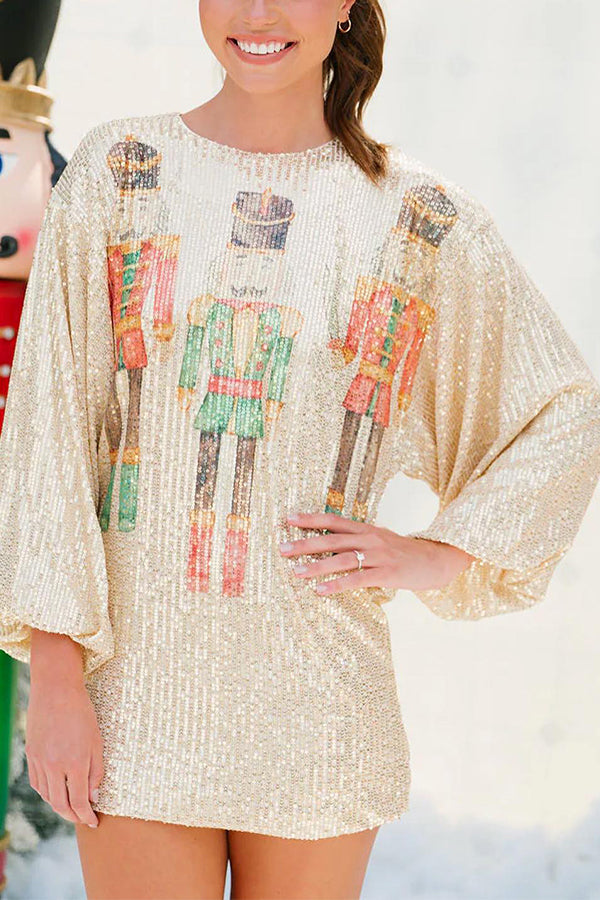 Beauty At The Ball Sequined Nutcracker Print Balloon Sleeve Mini Dress