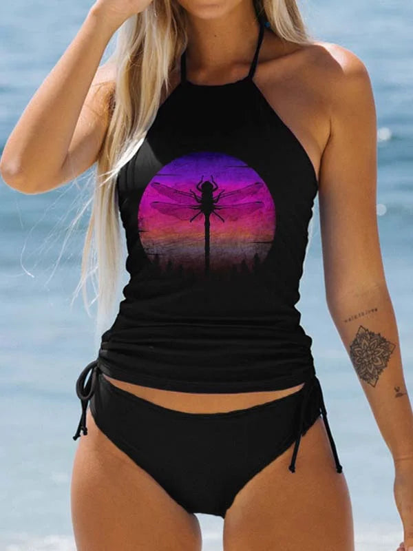 Dragonfly Vintage Sunset Print Two Piece Swimwear