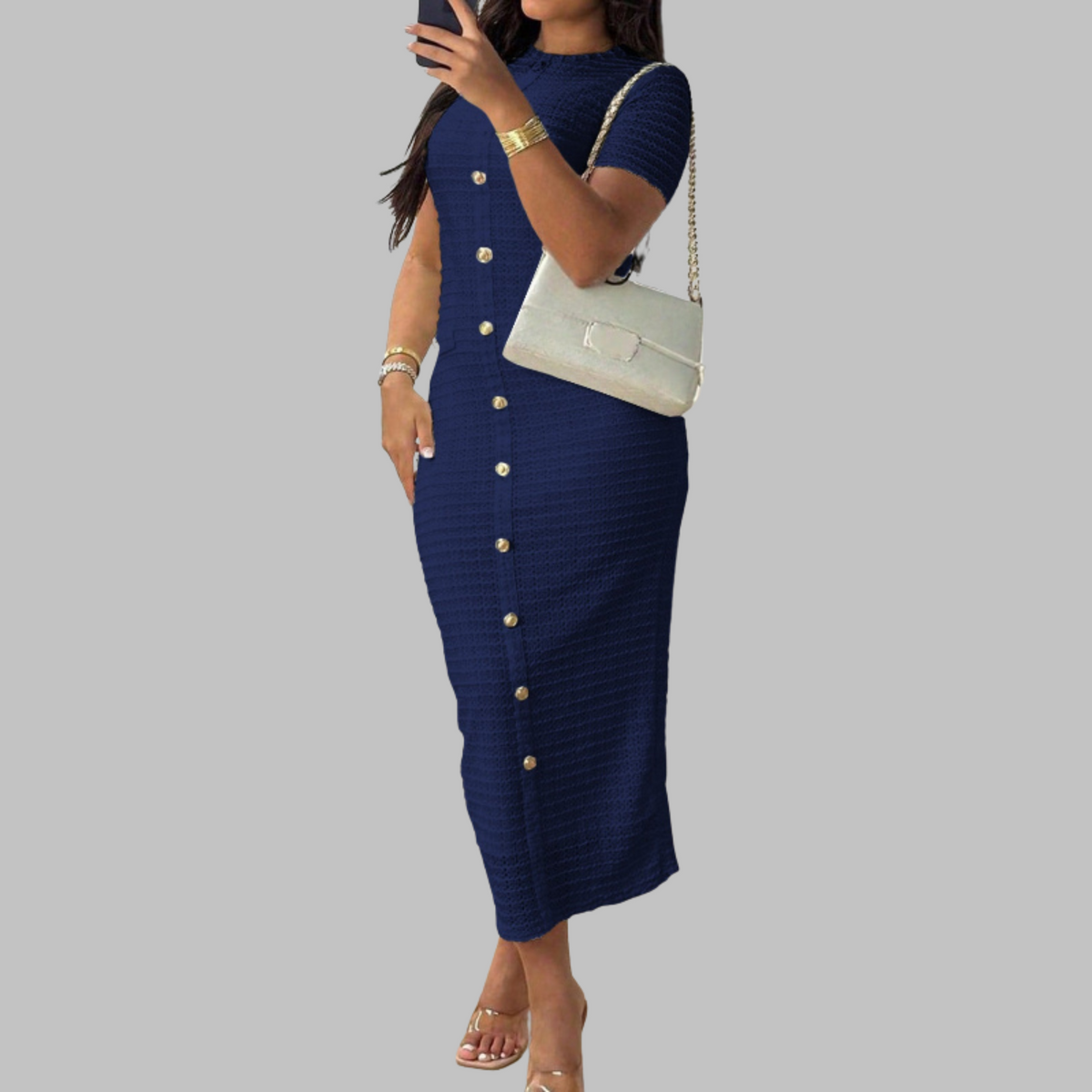 REGAN™ - Elegant Round Neck Fake Button Dress