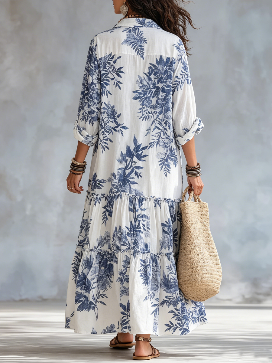 Dahlia™ - Bohemian Blue Floral Button-Down Tiered Maxi Dress