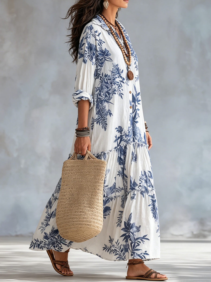 Dahlia™ - Bohemian Blue Floral Button-Down Tiered Maxi Dress