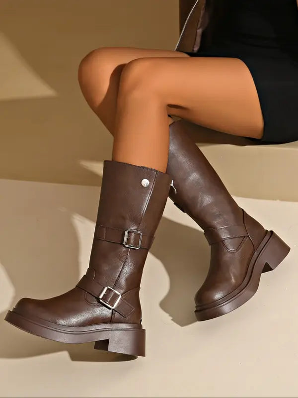JEANT - Thick Heel Knee-High Boots Round