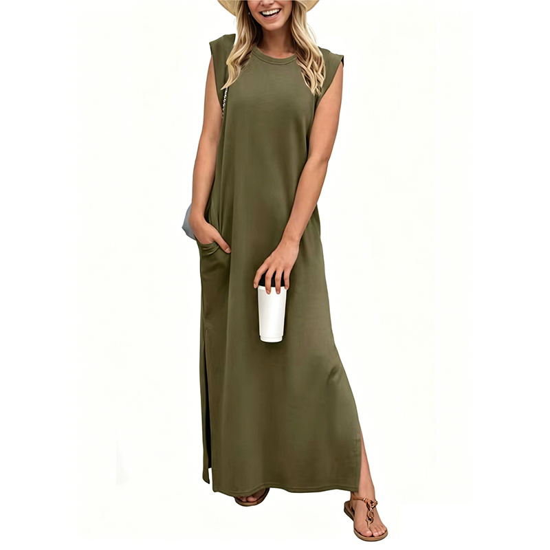 Casual Sleeveless Crew-Neck Maxi Dress
