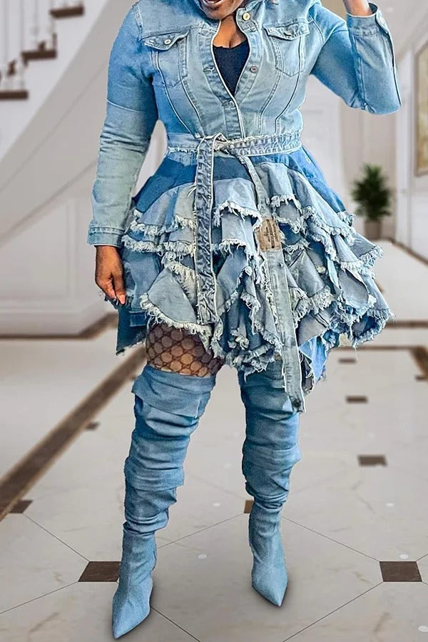 Fashion Casual Paneled Layer Hem Washed Denim Jacket