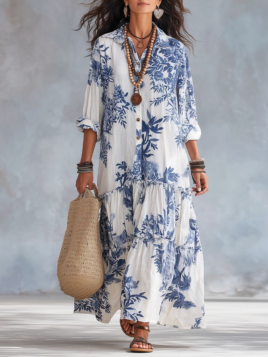 Dahlia™ - Bohemian Blue Floral Button-Down Tiered Maxi Dress