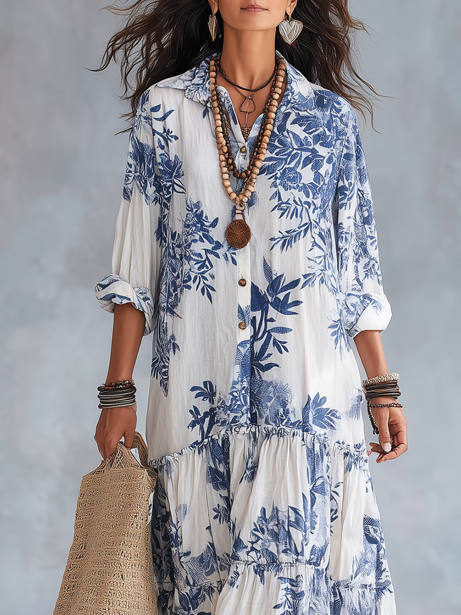 Dahlia™ - Bohemian Blue Floral Button-Down Tiered Maxi Dress