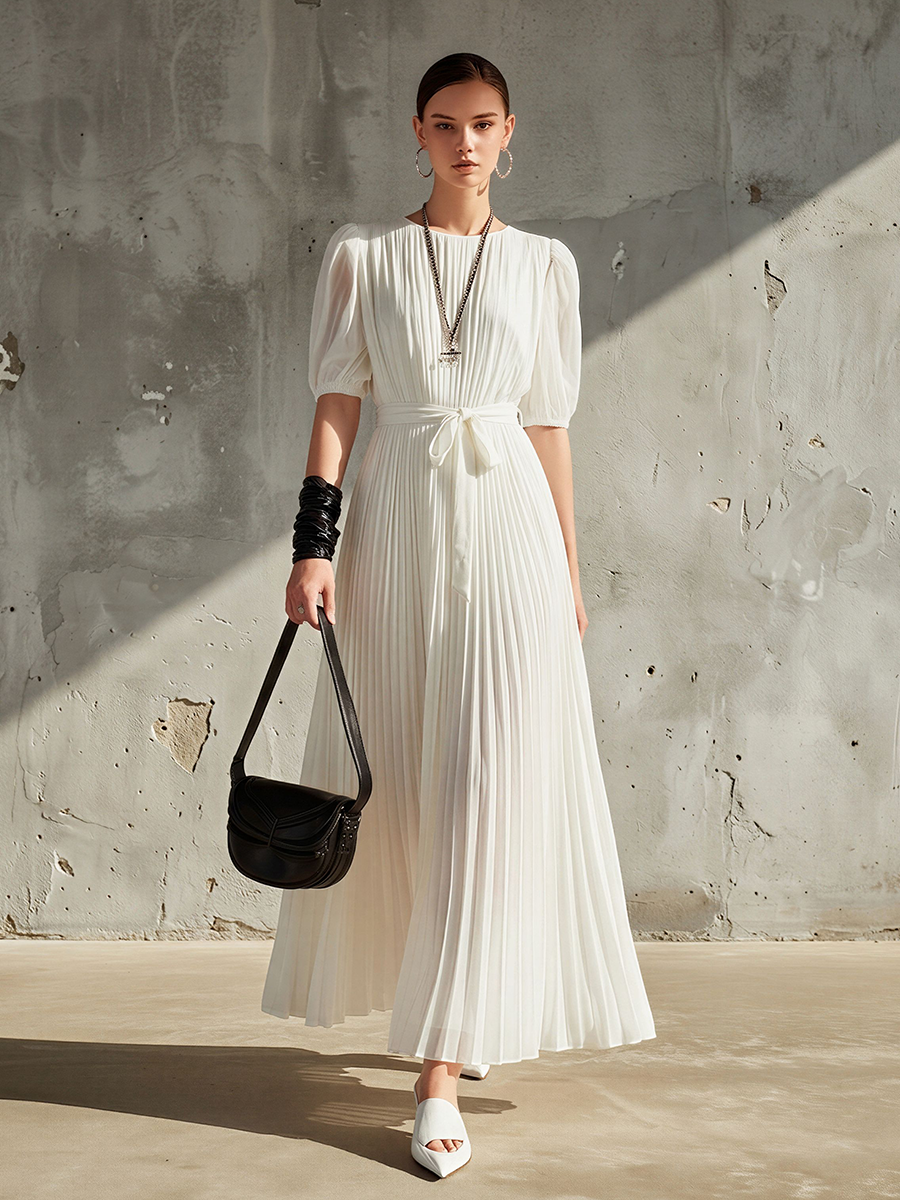 Noëlle™ | Women's White Chiffon Pleated Maxi Dress with Puff Sleeves & Waist Tie