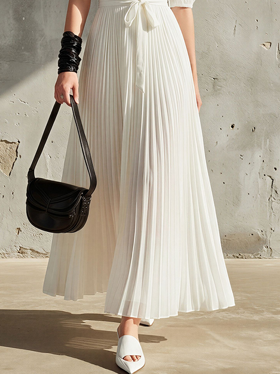 Noëlle™ | Women's White Chiffon Pleated Maxi Dress with Puff Sleeves & Waist Tie