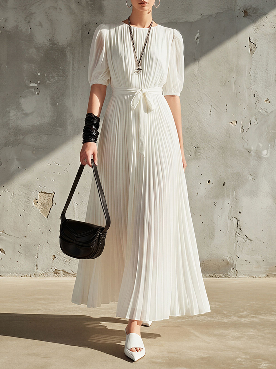 Noëlle™ | Women's White Chiffon Pleated Maxi Dress with Puff Sleeves & Waist Tie