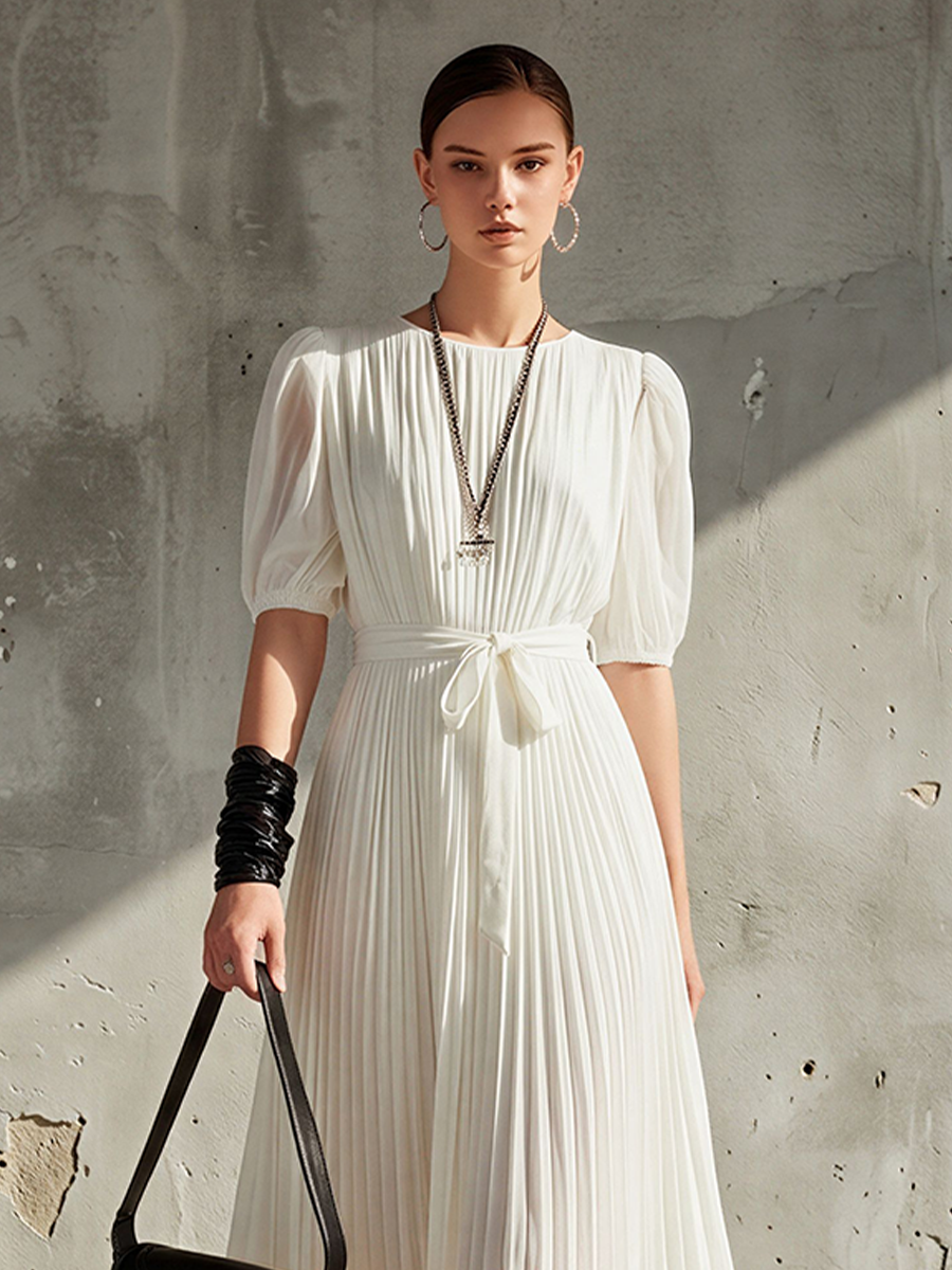Noëlle™ | Women's White Chiffon Pleated Maxi Dress with Puff Sleeves & Waist Tie