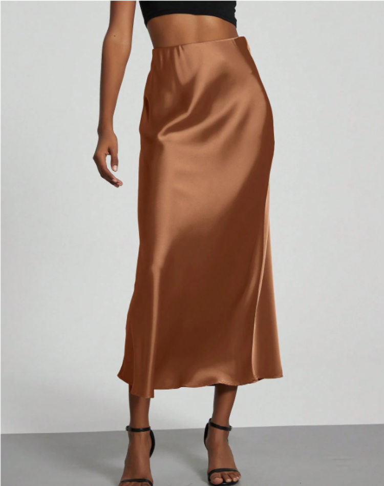 A-Line Satin Look Midi Skirt for Women with Slit and High Waist