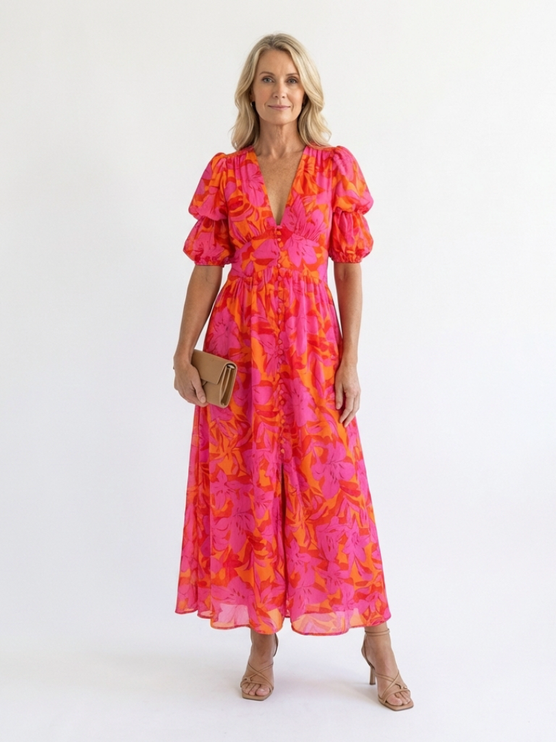 Willow™ - Floral V Neck Puff Sleeve Midi Dress