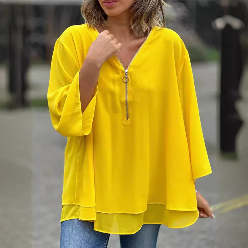 Hyacinth - V-Neck Flowy Zipped Top