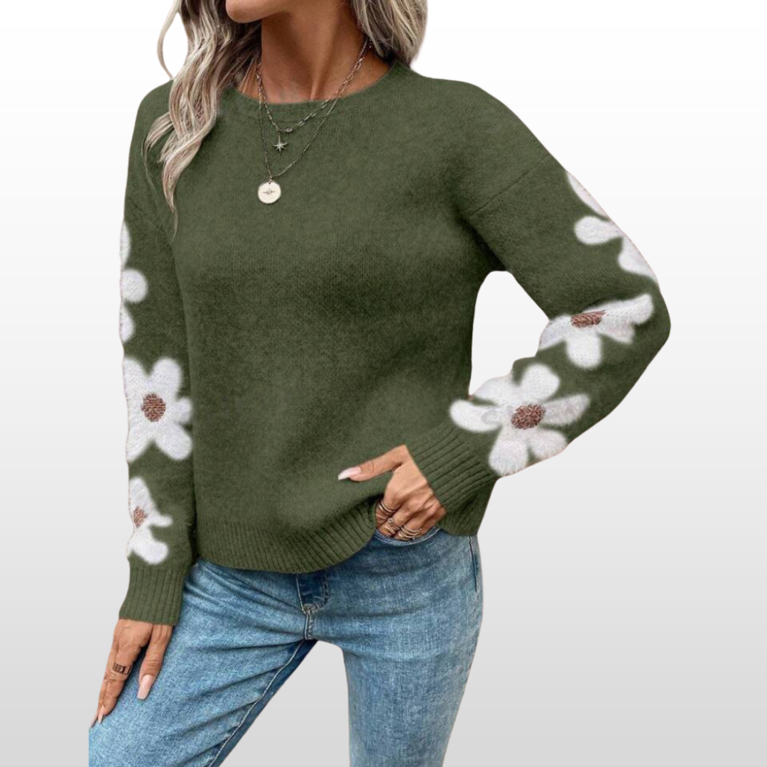 ZOEYT - Round Neck Floral Pattern Sweater