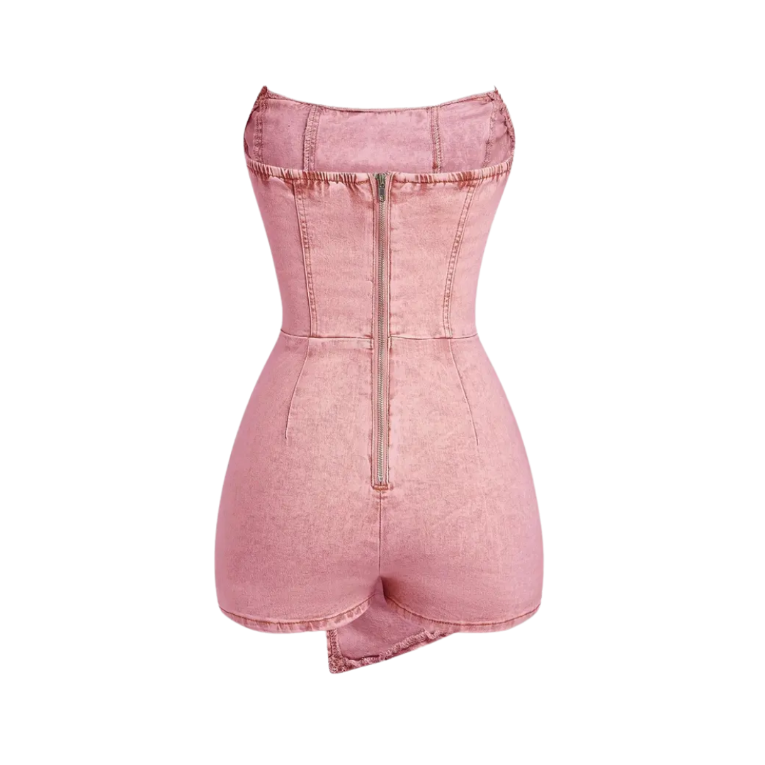 VIXEN™ – Twisted Front Strapless Denim Romper