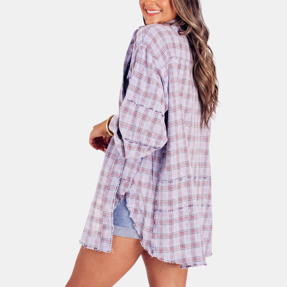Jeanette | Women's Raw Hem Flannel Shirt Oversized Long Sleeve Blouse
