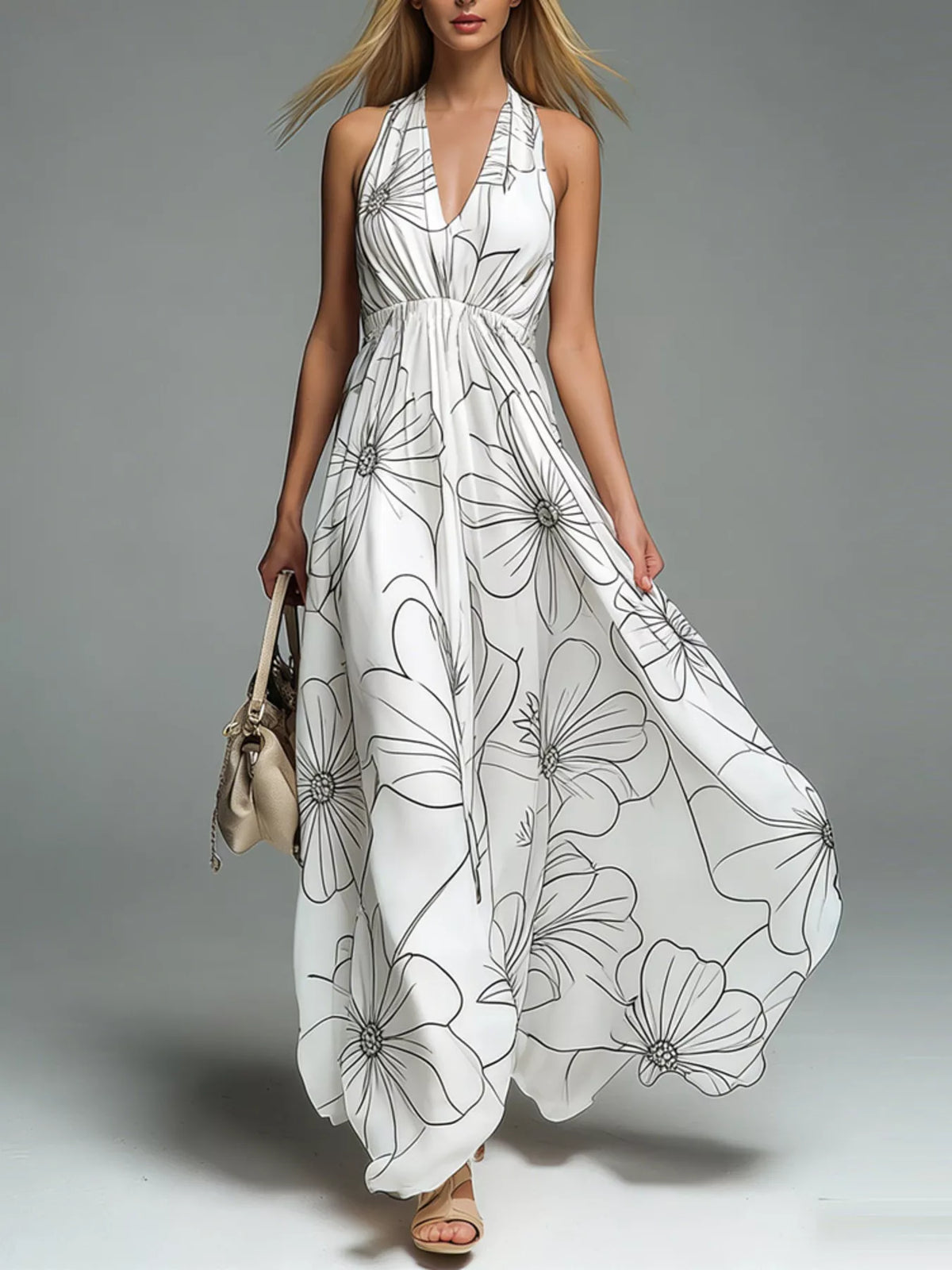 Printed Halter Neck Flowy Summer Dress