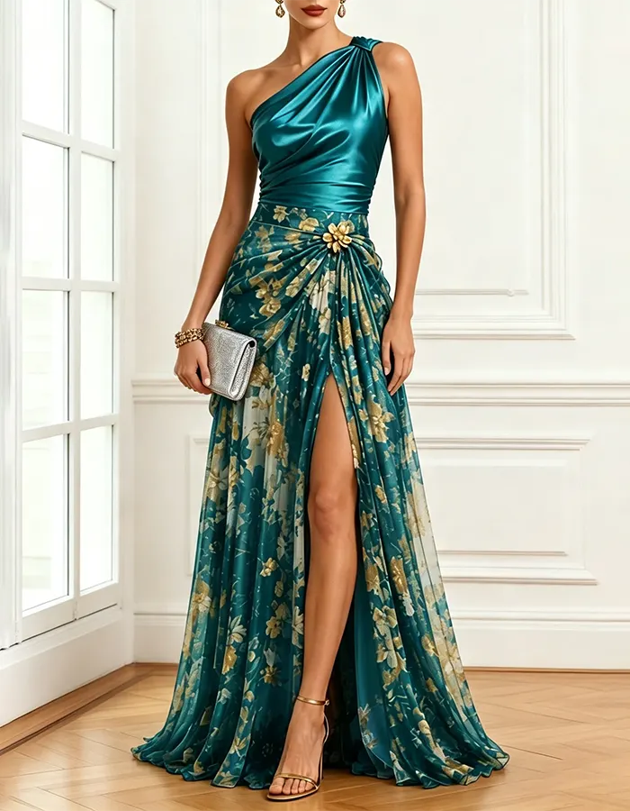 Olina | Vintage One-Shoulder Kink Patchwork Split Dress