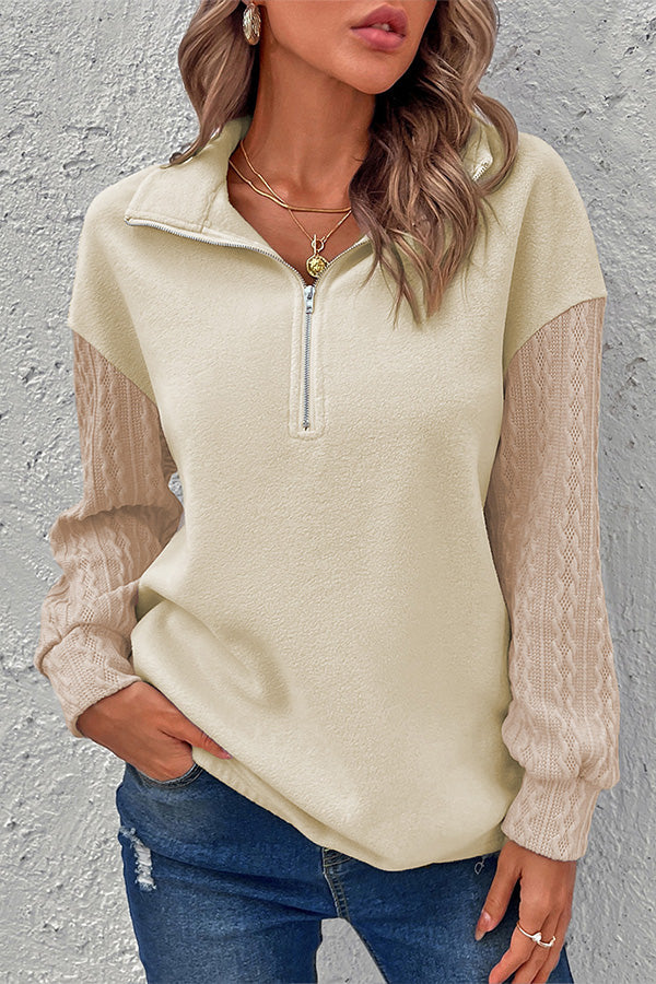 INSHA | Beige Half Zip Textured Patchwork Sleeve Drop Shoulder Sweatshirt