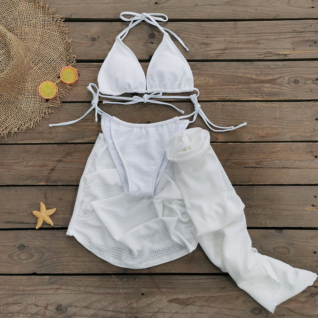 Pure white lace bikini beach three-piece swimsuit