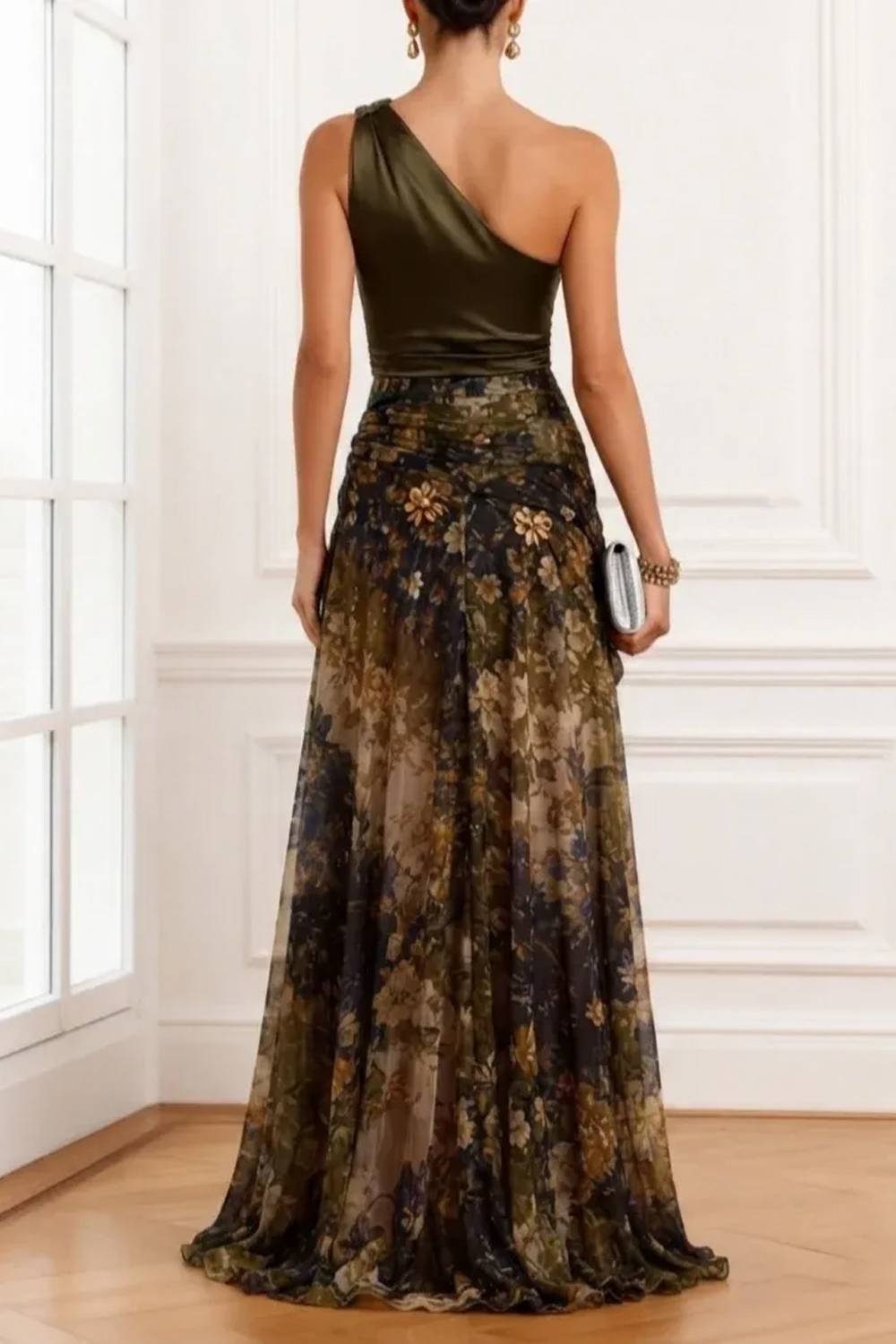 Olina | Vintage One-Shoulder Kink Patchwork Split Dress