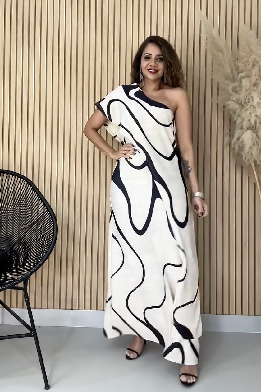 Abstract Wave One-Shoulder Maxi Dress