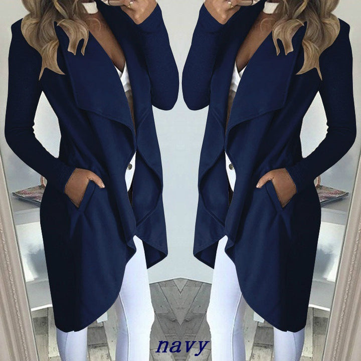 Fashion Solid Color Lapel Slim Long Windbreaker Jacket