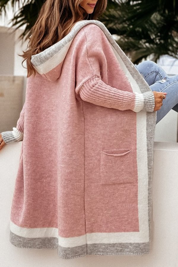 Gaze Colorblock Pocket Hooded Long Cardigan