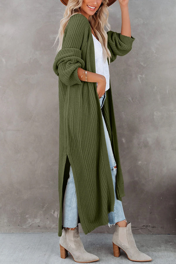 CINDY | Pickle Green Cable Knit Side Slits Open Front Duster Cardigan