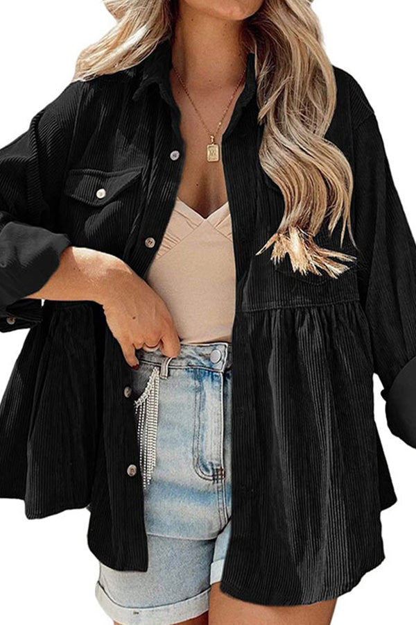 Karia | women's long sleeve corduroy ruffled shirt top button down shirt