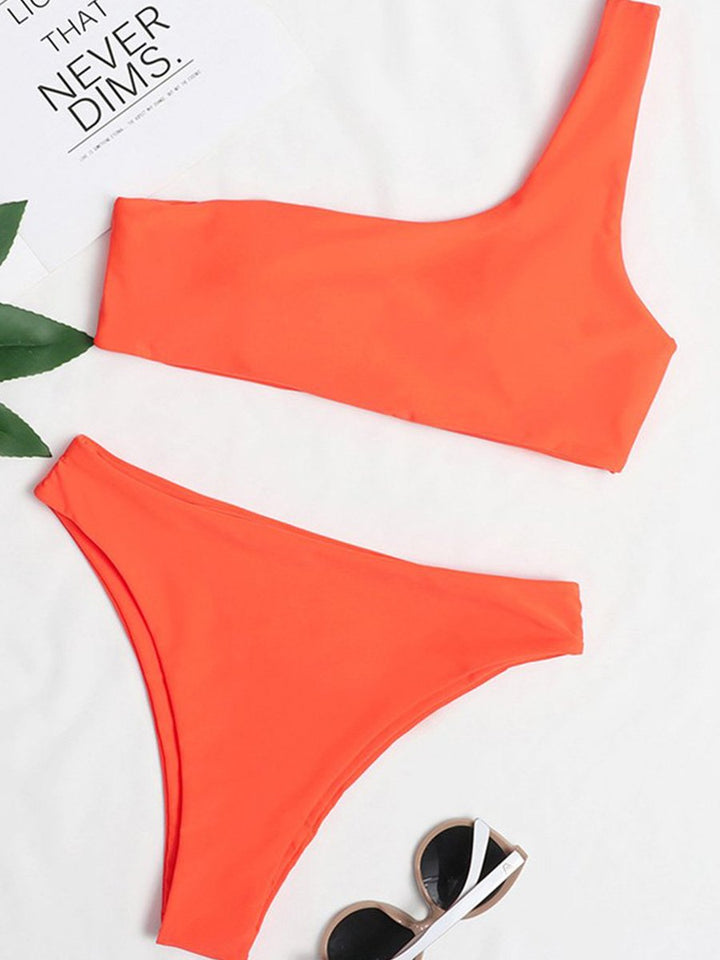 One Shoulder Solid Two Pieces Swimsuit (2 Colors)
