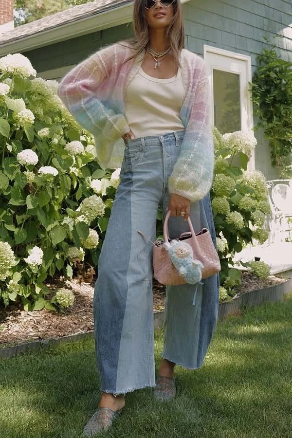 SHINE | Knit Color Blocks Open Front Balloon Sleeve Loose Cardigan