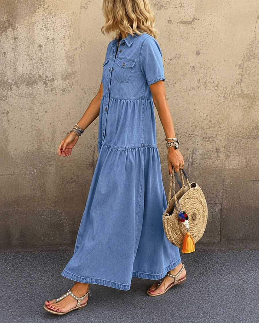 Emma | Belly-covering Denim Midi Dress with Buttons