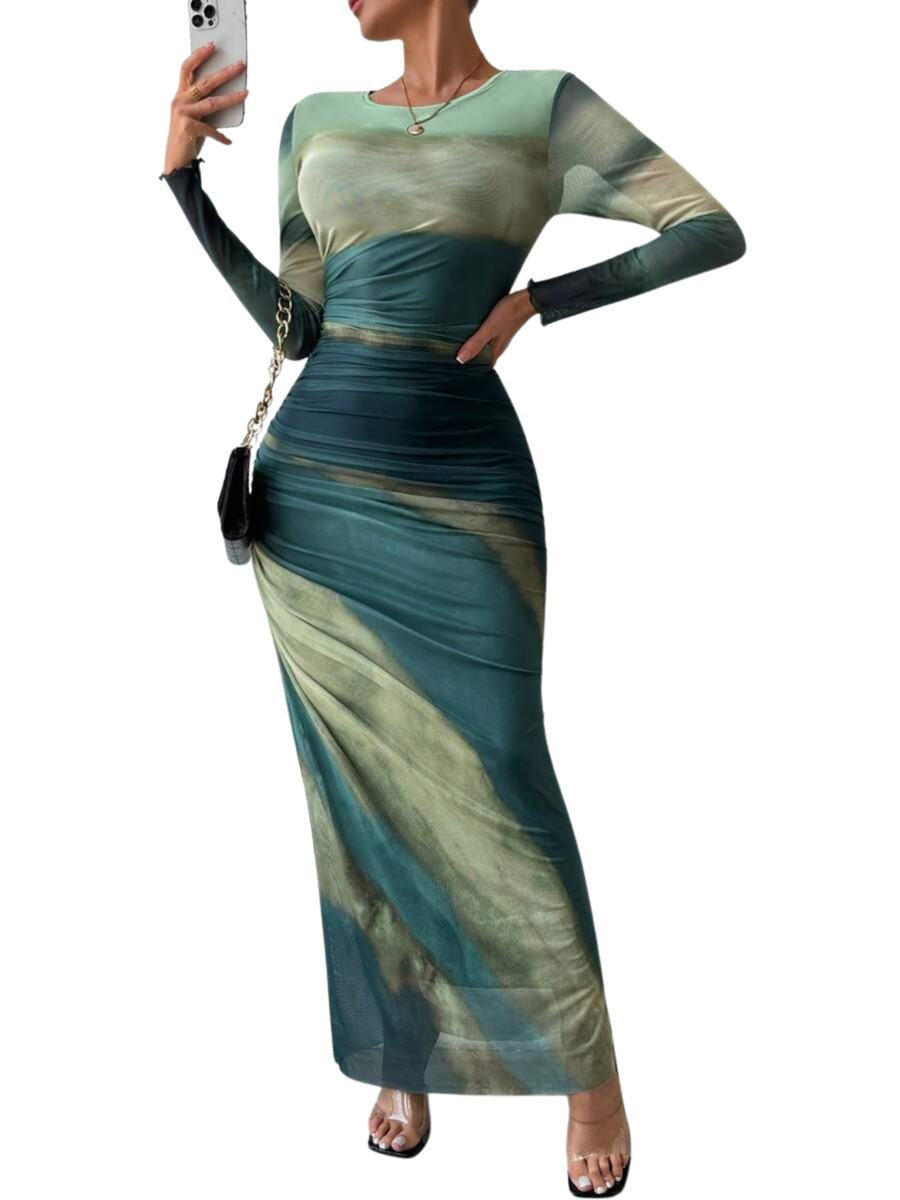 TESSIET - All-Over Print Ruched Bodycon Dress