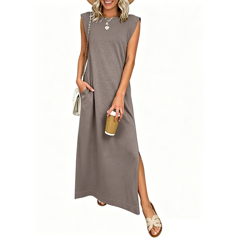 Casual Sleeveless Crew-Neck Maxi Dress