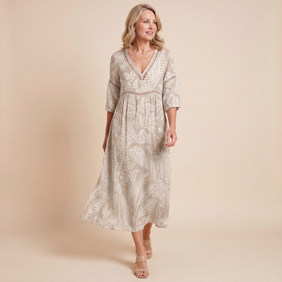 Soft Midi Dress with Natural Leaf Print