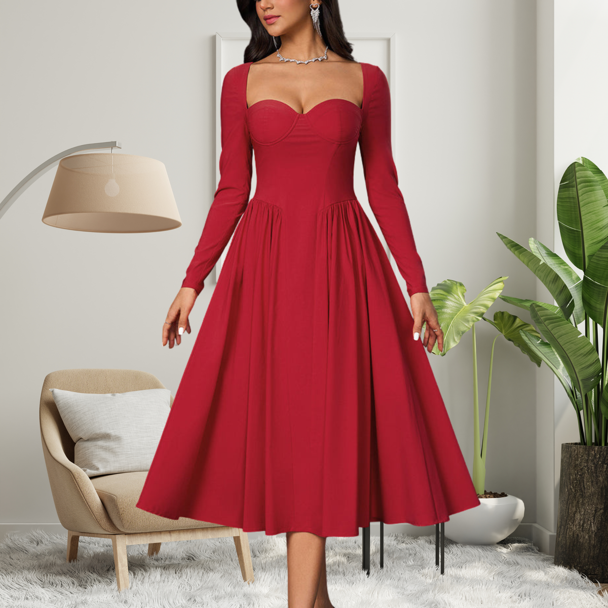AKILAT - Heart Neckline Long Sleeve A-Line